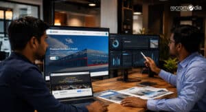 Recro Media team analyzing Mount Roofing’s digital marketing performance, with the Mount website, analytics dashboards, social media presence, and campaign materials displayed across screens.