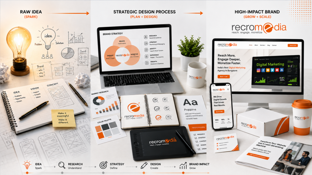 Strategic design process transforming a raw business idea into a high-impact brand, showing research, brand strategy, visual identity, digital design, and Recro Media branding.